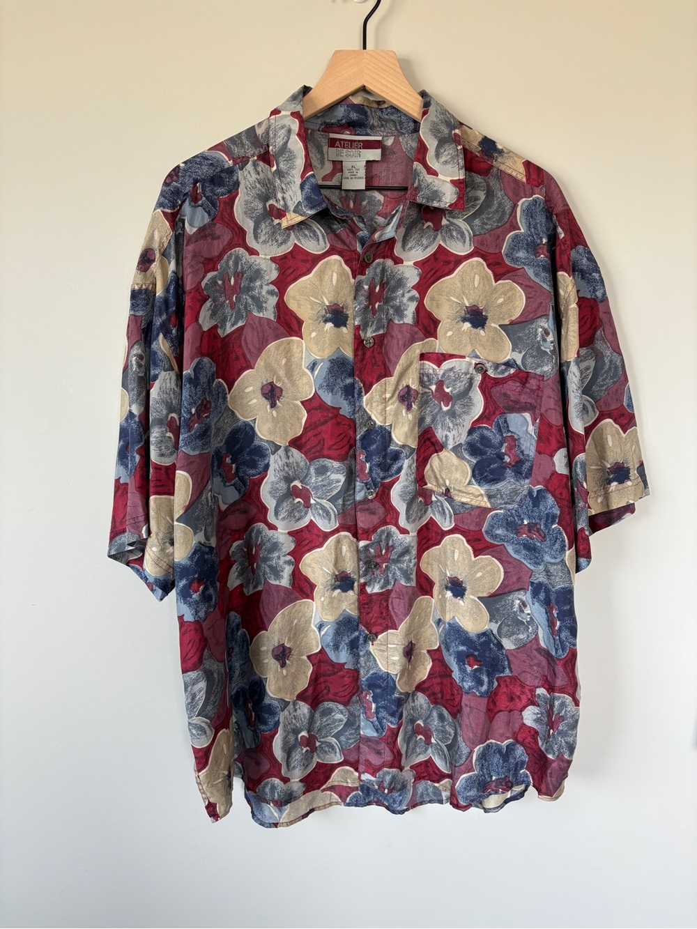 100% SILK VTG Atelier De Soir Floral Button-Up Shirt Mens XL Lightweight